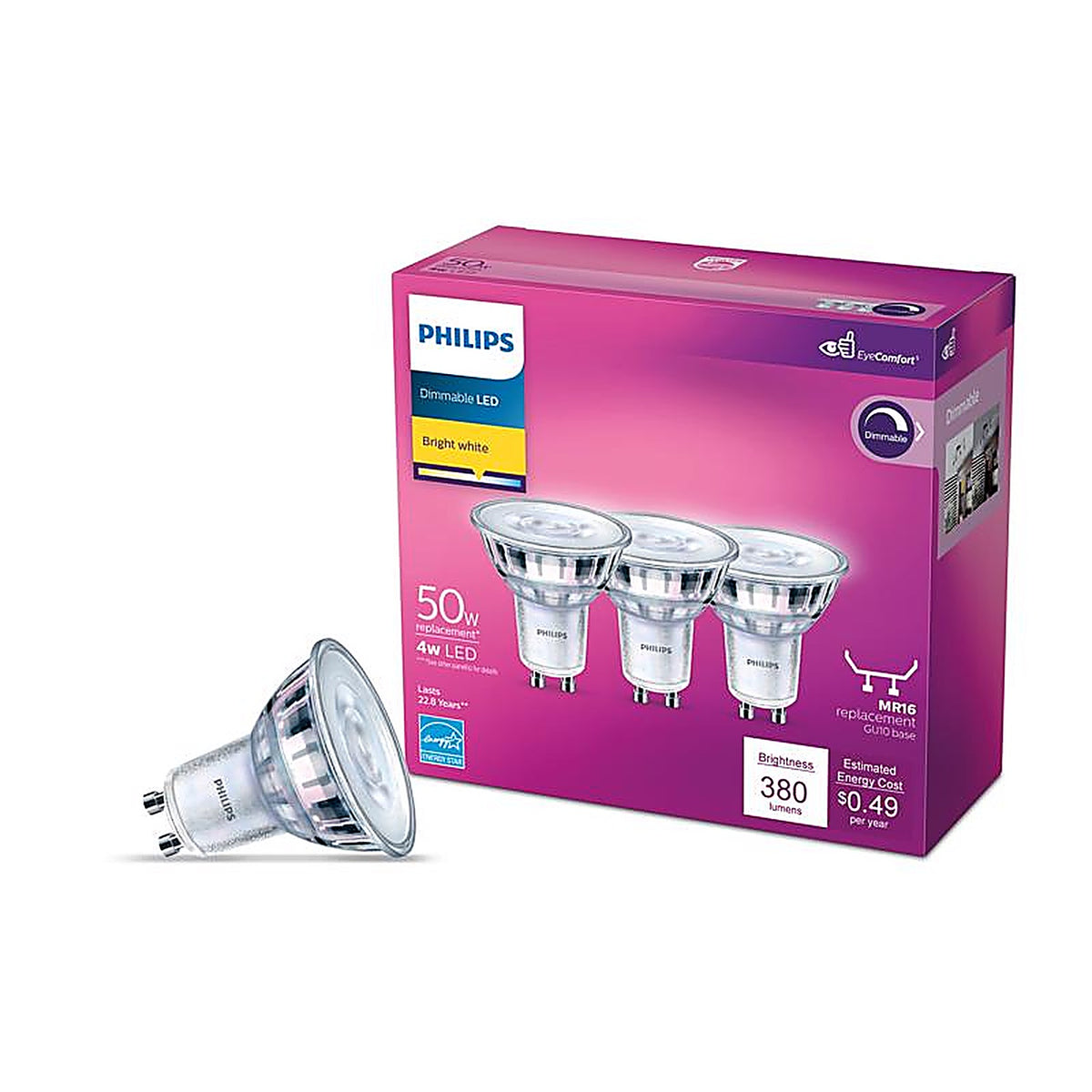 Philips - 567313 - Mr16 Gu10 LED Bulb Bright White 50 Watt Equivalence 3 Pack