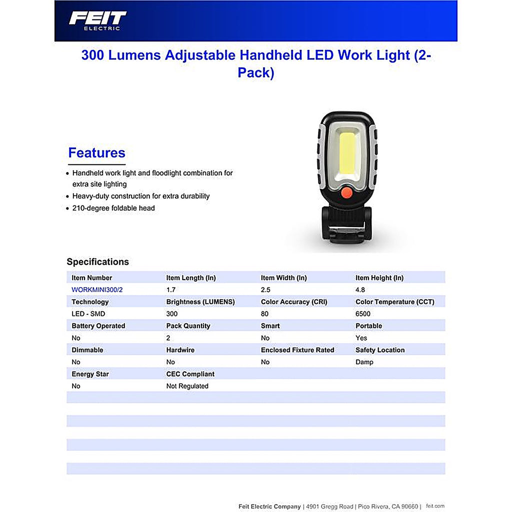 Feit - WORKMINI300/2 - 300 LM LED Battery Handheld Work Light