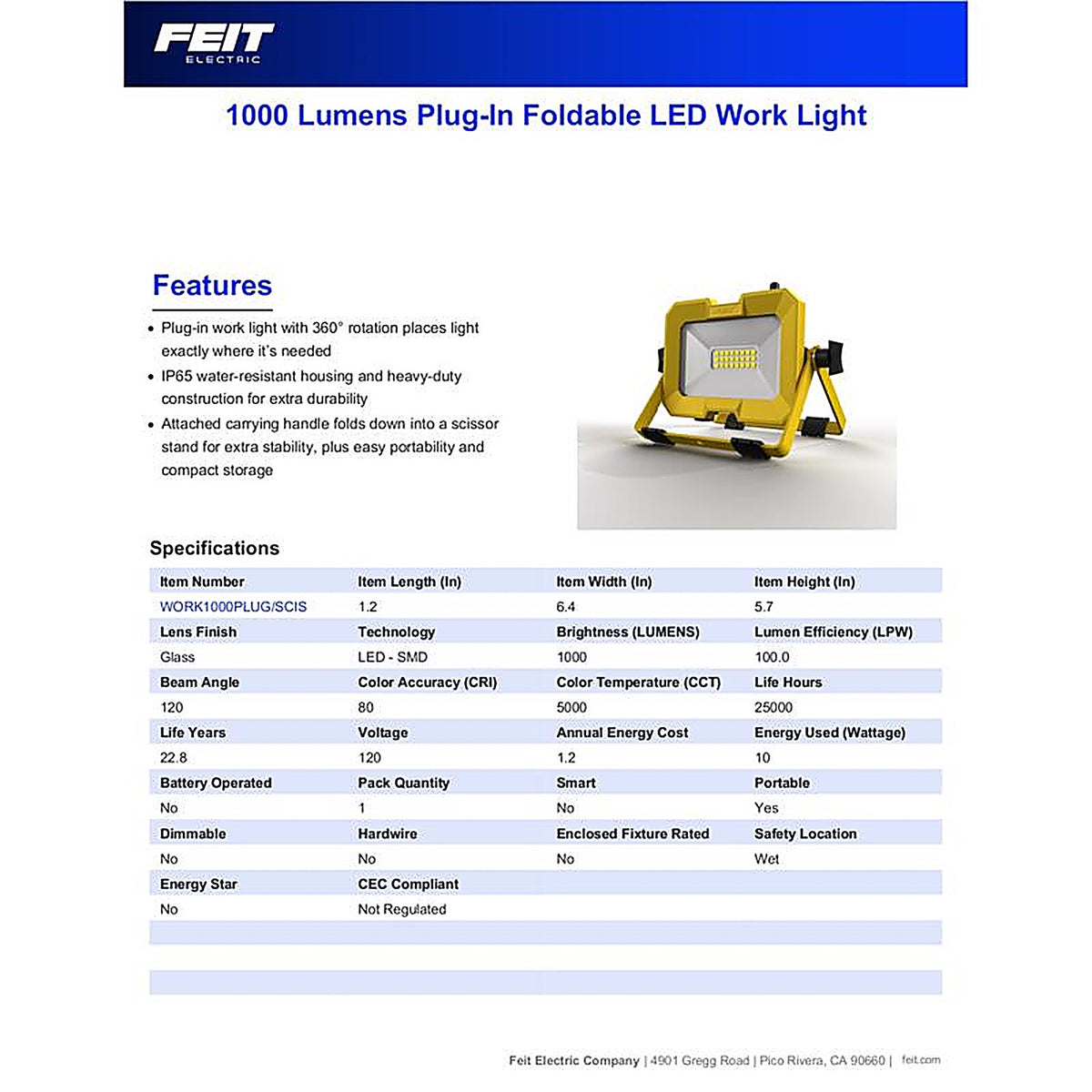 Feit - WORK1000PLUGSCI - 1000 LM LED Corded Stand (H or Scissor) Folding Worklight