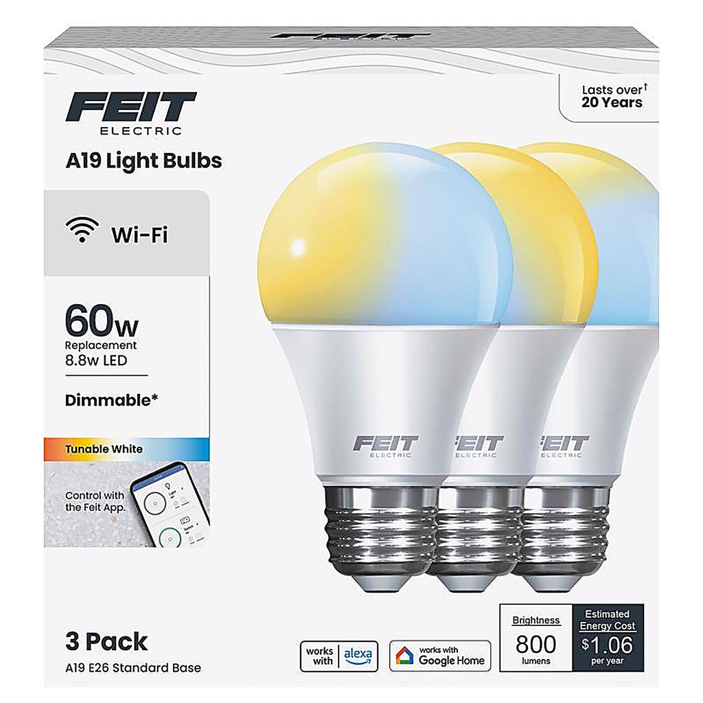Feit - OM60/CCT/CA/AG3 - A19 E26 (Medium) Smart-Enabled LED Bulb Tunable White 60 Watt Equivalence 3 Pack