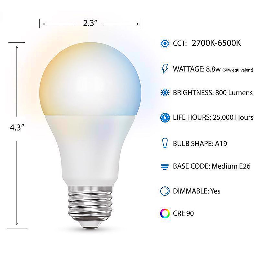 Feit - OM60/CCT/CA/AG3 - A19 E26 (Medium) Smart-Enabled LED Bulb Tunable White 60 Watt Equivalence 3 Pack
