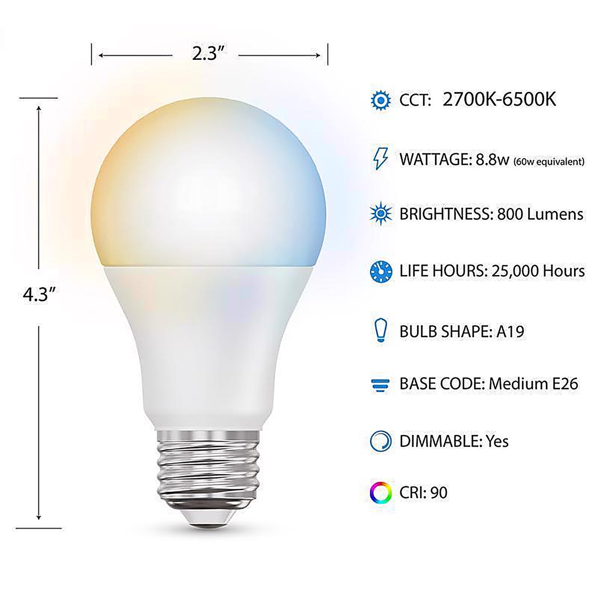 Feit - OM60/CCT/CA/AG3 - A19 E26 (Medium) Smart-Enabled LED Bulb Tunable White 60 Watt Equivalence 3 Pack