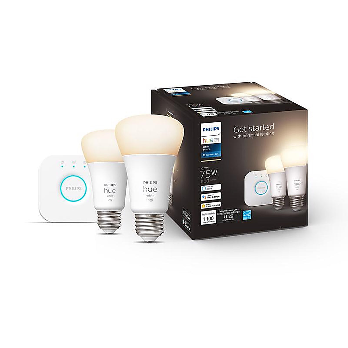 Philips - 563080 - Hue A19 E26 (Medium) Smart-Enabled LED Bulb Starter Kit Cool White 75 Watt Equivalence 2 Pack