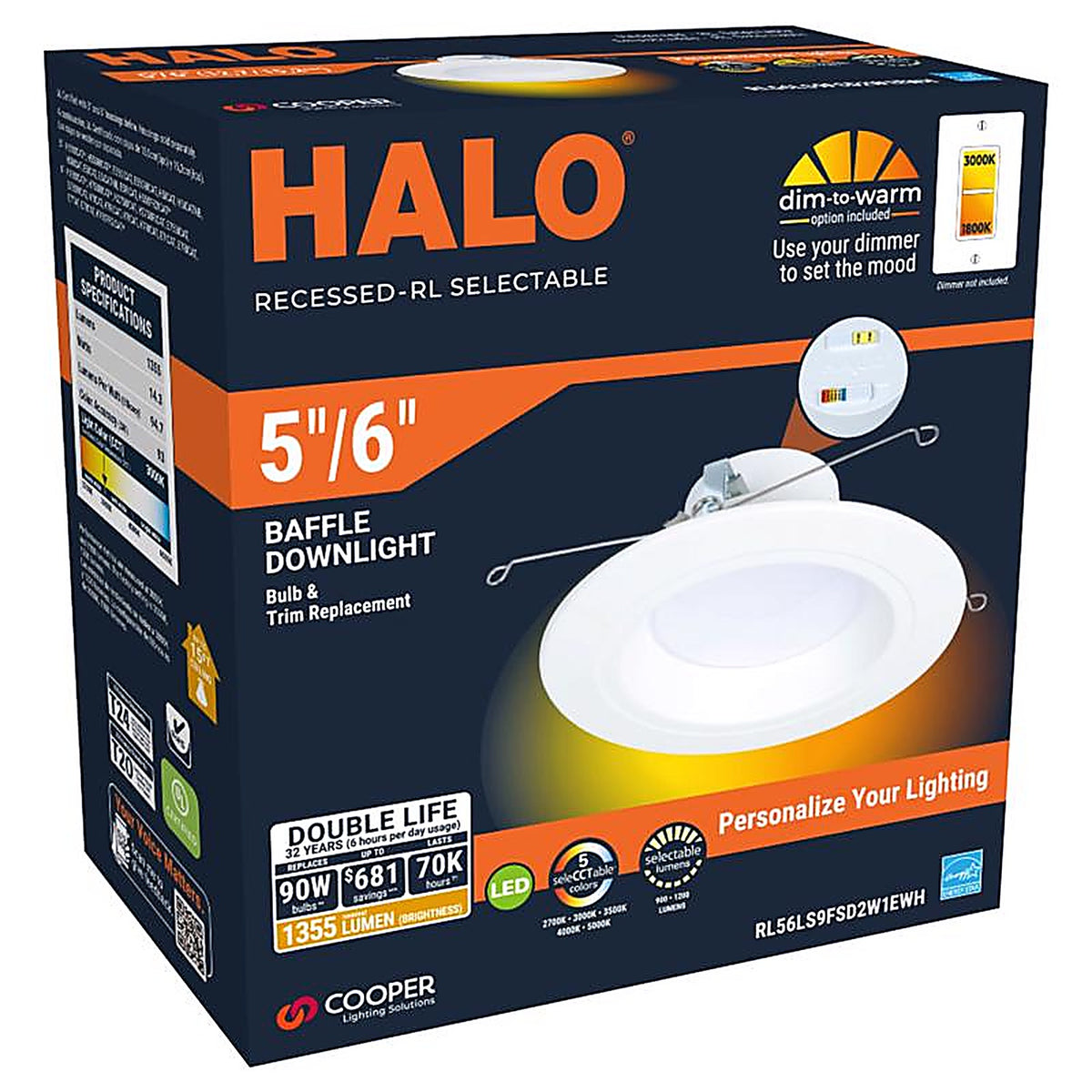 Halo - RL56LS9FSD2W1EW - Retrofit Series Matte White 5/6 In. W LED Dimmable Recessed Downlight 90 W