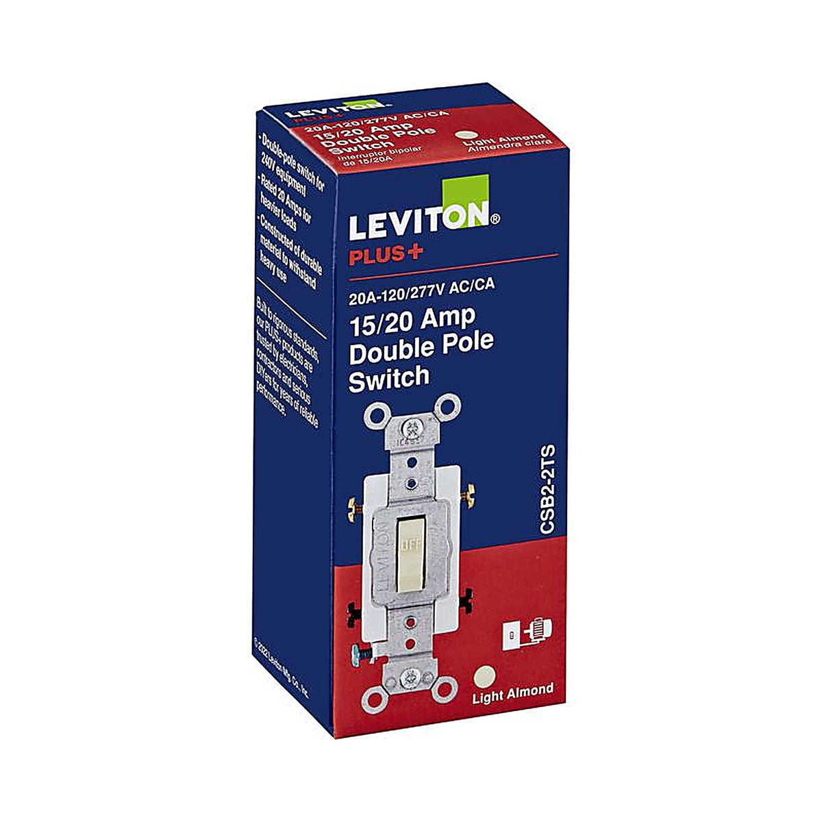 Leviton - 0CSB2-2TS - 20 Amps Double Pole Toggle AC Quiet Switch Light Almond 1 Pack