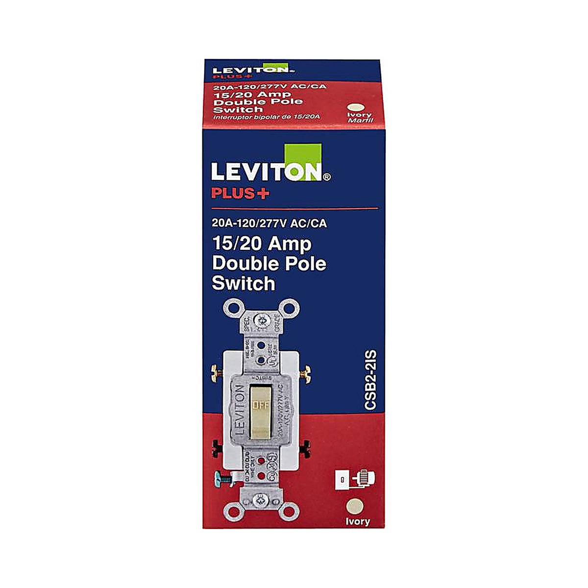 Leviton - 0CSB2-2IS - 20 Amps Double Pole Toggle AC Quiet Switch Ivory 1 Pack
