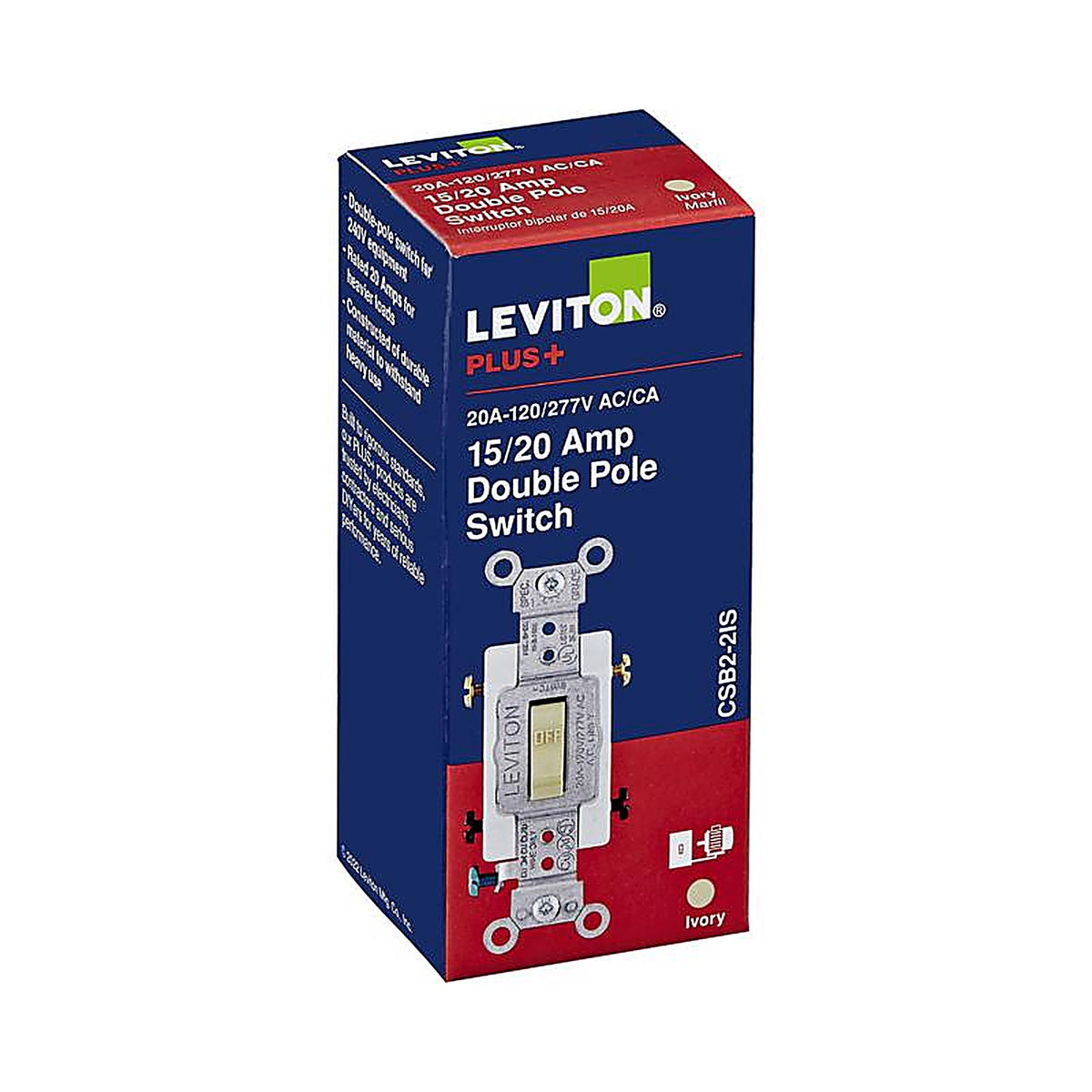 Leviton - 0CSB2-2IS - 20 Amps Double Pole Toggle AC Quiet Switch Ivory 1 Pack