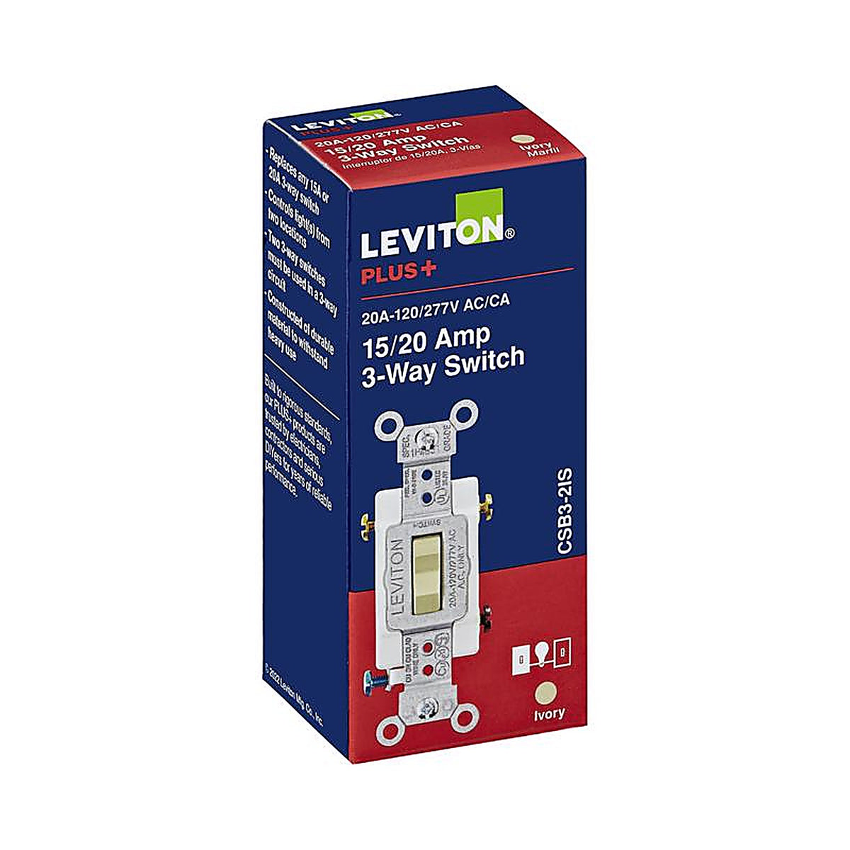 Leviton - 0CSB3-2IS - 20 Amps 3-Way Toggle AC Quiet Switch Ivory 1 Pack