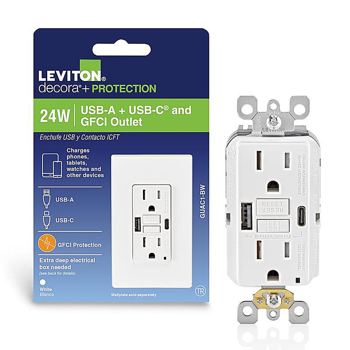 Leviton - GUAC1-0BW - 15 Amps 125 V Gfci White Outlet and USB Charger 5-15R 1 Pack