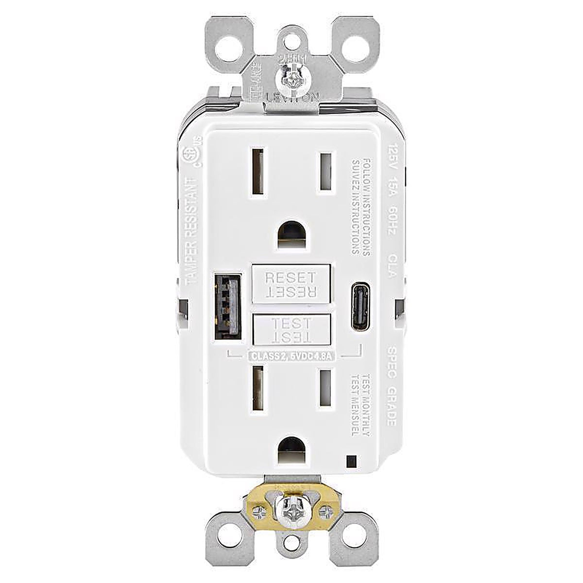 Leviton - GUAC1-0BW - 15 Amps 125 V Gfci White Outlet and USB Charger 5-15R 1 Pack