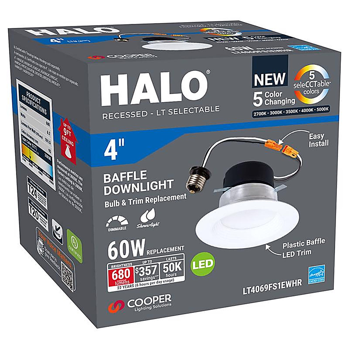 Halo - LT4069FS1EWHR - White 3.8 In. W Plastic LED Dimmable Recessed Downlight 60 W