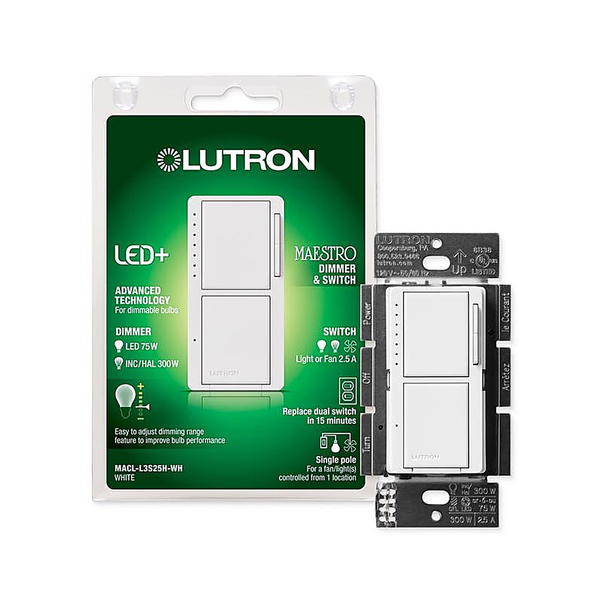Lutron - MACL-L3S25H-WH - Maestro White 75 W Tap Dimmer Switch 1 Pack