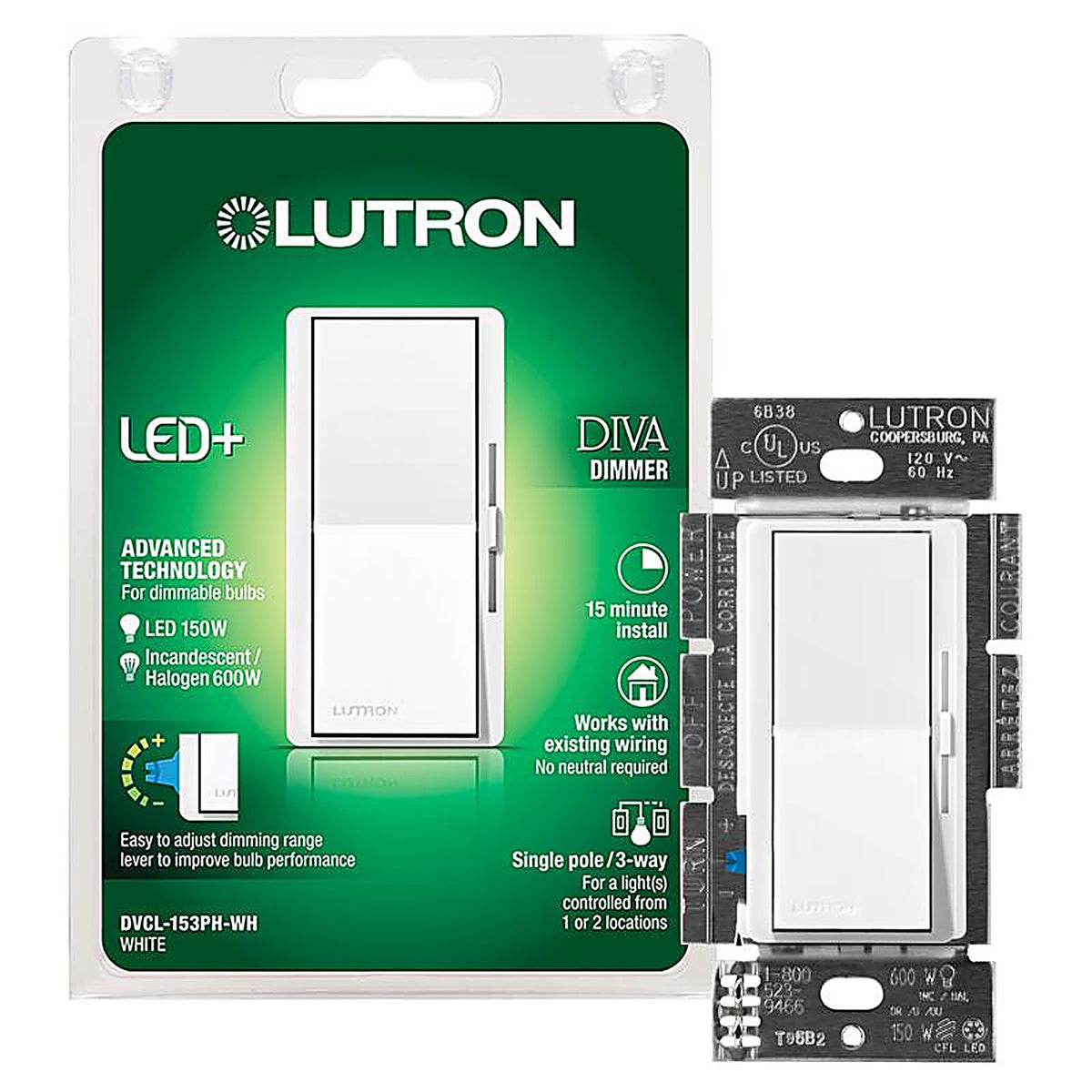 Lutron - DVCL-153PH-WH - Diva White 150 W Rocker Dimmer/Paddle Switch 1 Pack