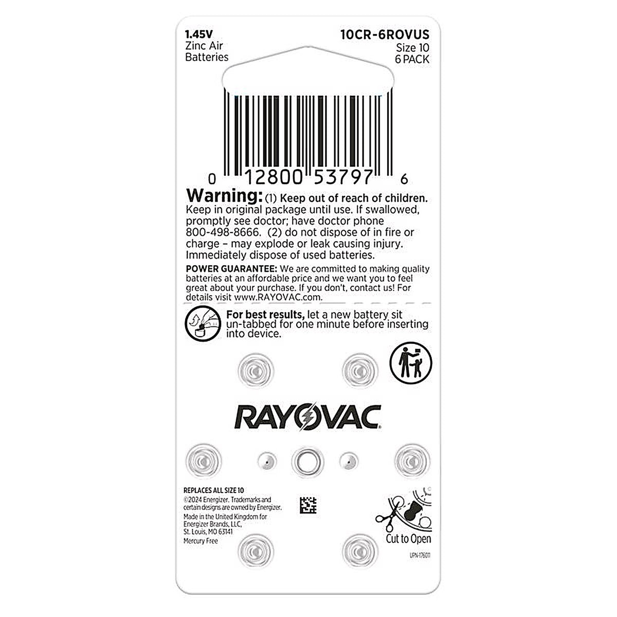 Rayovac - 10CR-6ROVUS - Zinc Air 10 1.45 V Hearing Aid Battery 6 Pack
