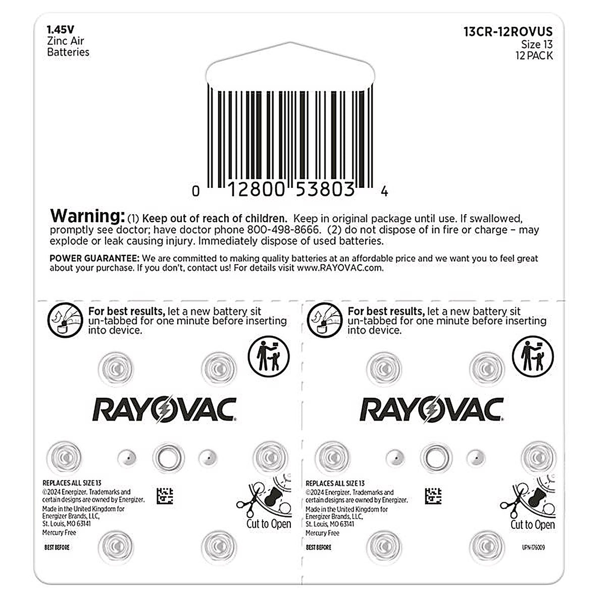 Rayovac - 13CR-12ROVUS - Zinc Air 13 1.45 V Hearing Aid Battery 12 Pack
