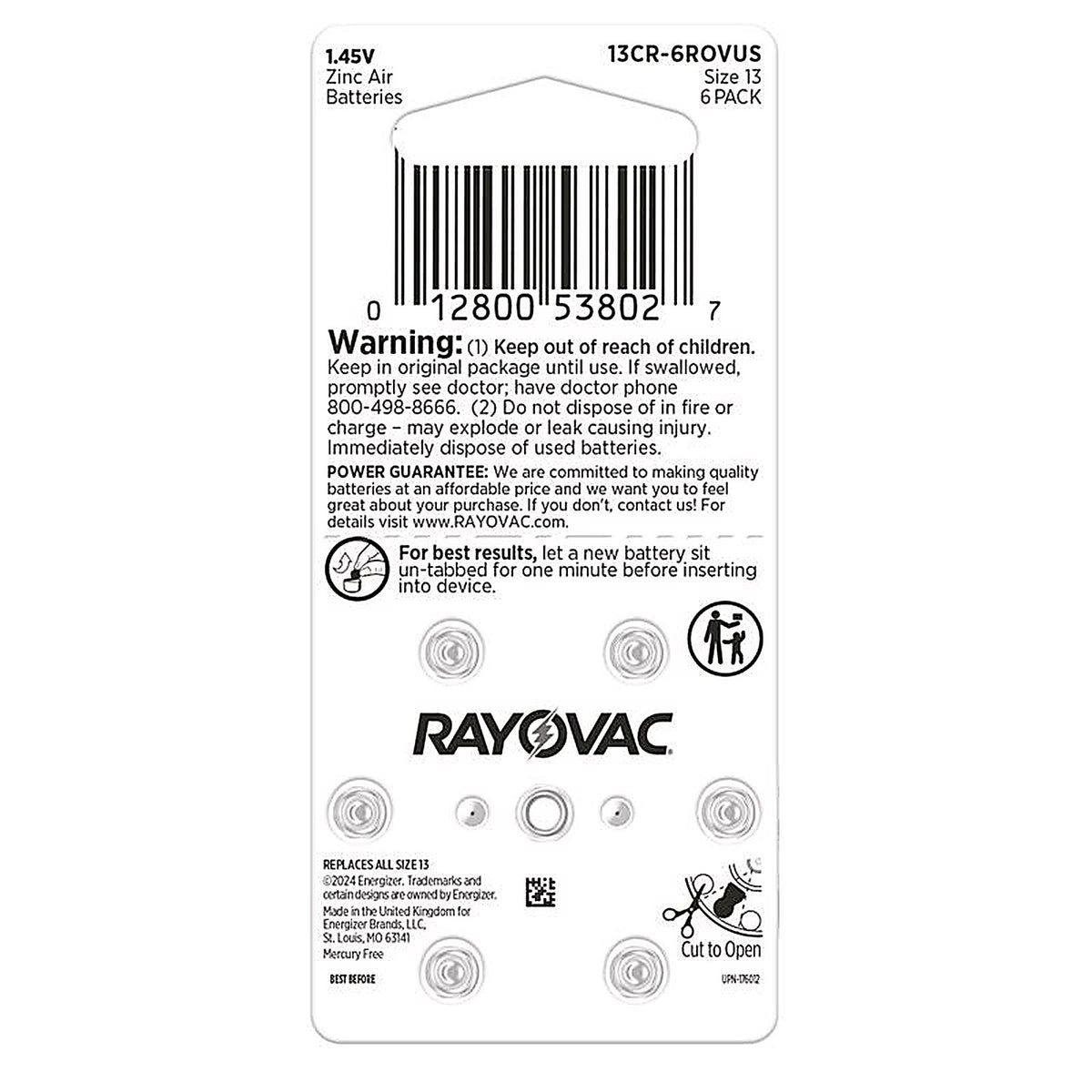 Rayovac - 13CR-6ROVUS - Zinc Air 13 1.45 V Hearing Aid Battery 6 Pack