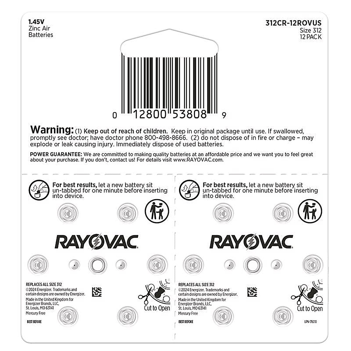 Rayovac - 312CR-12ROVUS - Zinc Air 312 1.45 V Hearing Aid Battery 12 Pack