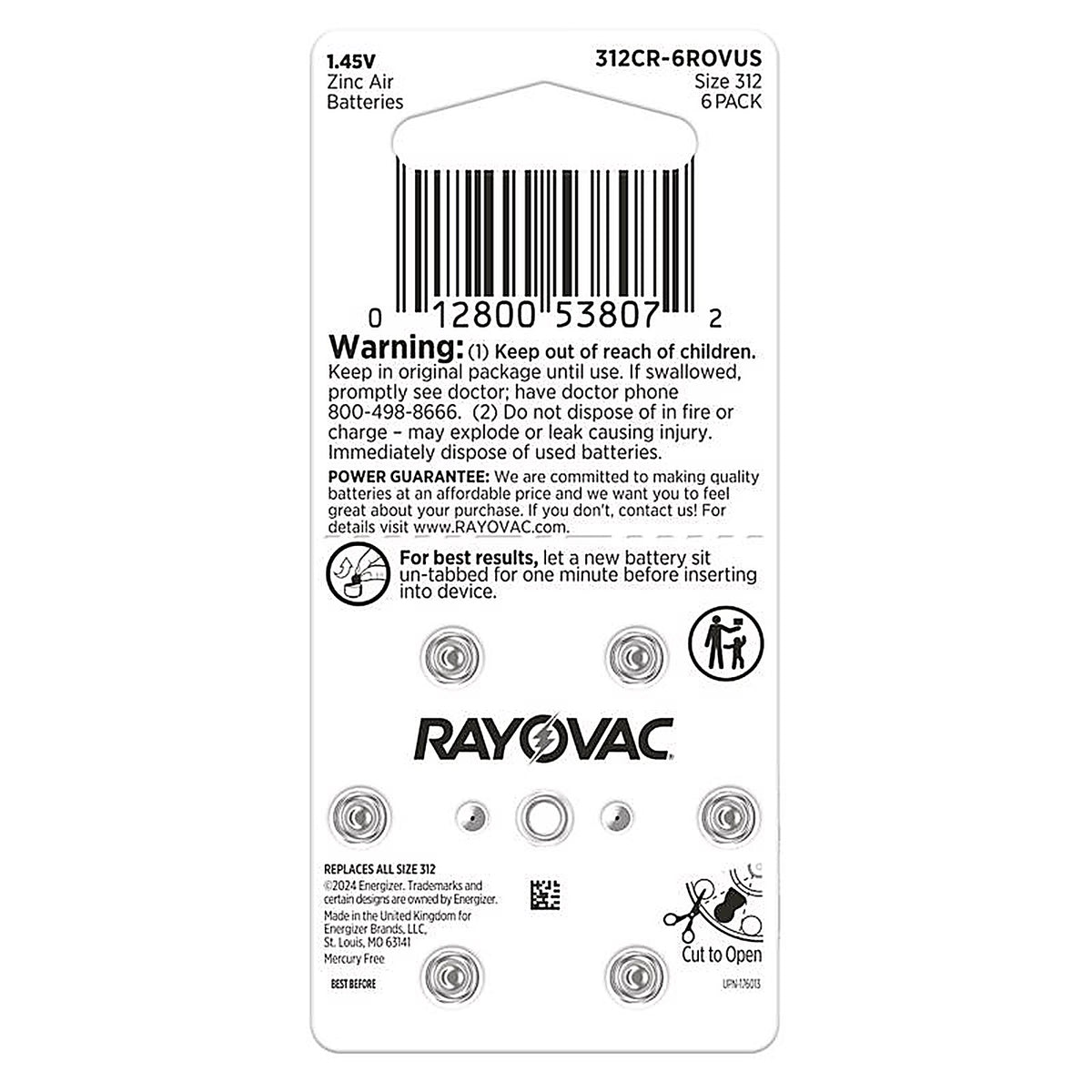 Rayovac - 312CR-6ROVUS - Zinc Air 312 1.45 V Hearing Aid Battery 6 Pack