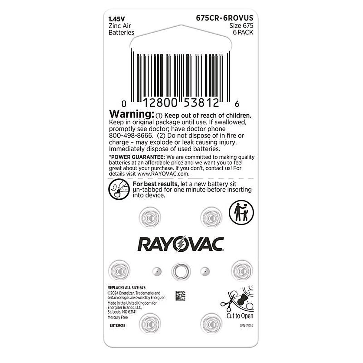 Rayovac - 675CR-6ROVUS - Zinc Air 675 1.45 V Hearing Aid Battery 6 Pack