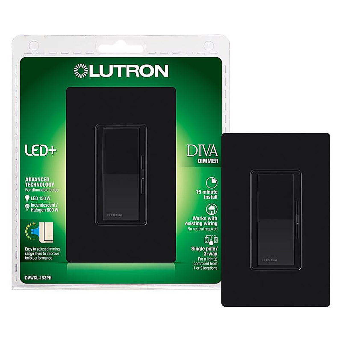 Lutron - DVWCL-153PH-BL - Diva Black 150 W Rocker Dimmer Switch 1 Pack