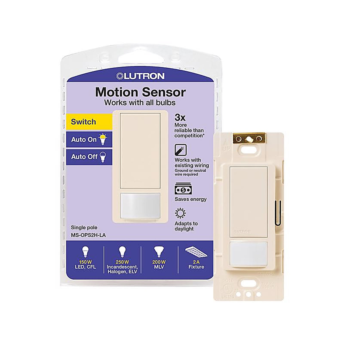 Lutron - MS-OPS2H-LA - Maestro 2 Amps Single Pole Motion Sensor Smart-Enabled Light Switch Almond, White 1 Pack