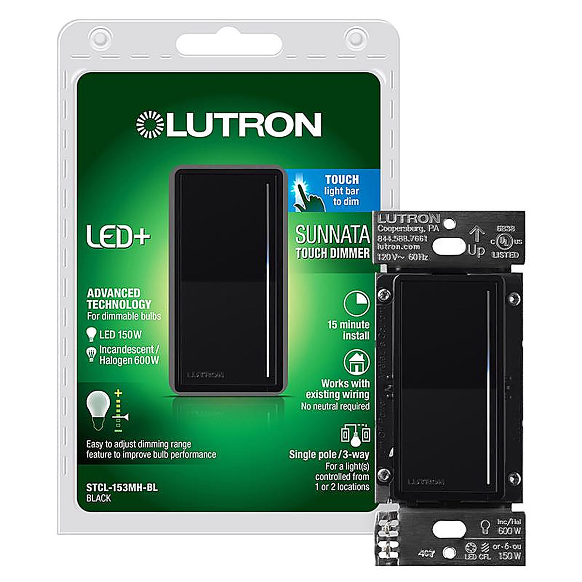 Lutron - STCL-153MH-BL - Sunata Black 150 W 3-Way Dimmer Switch 1 Pack
