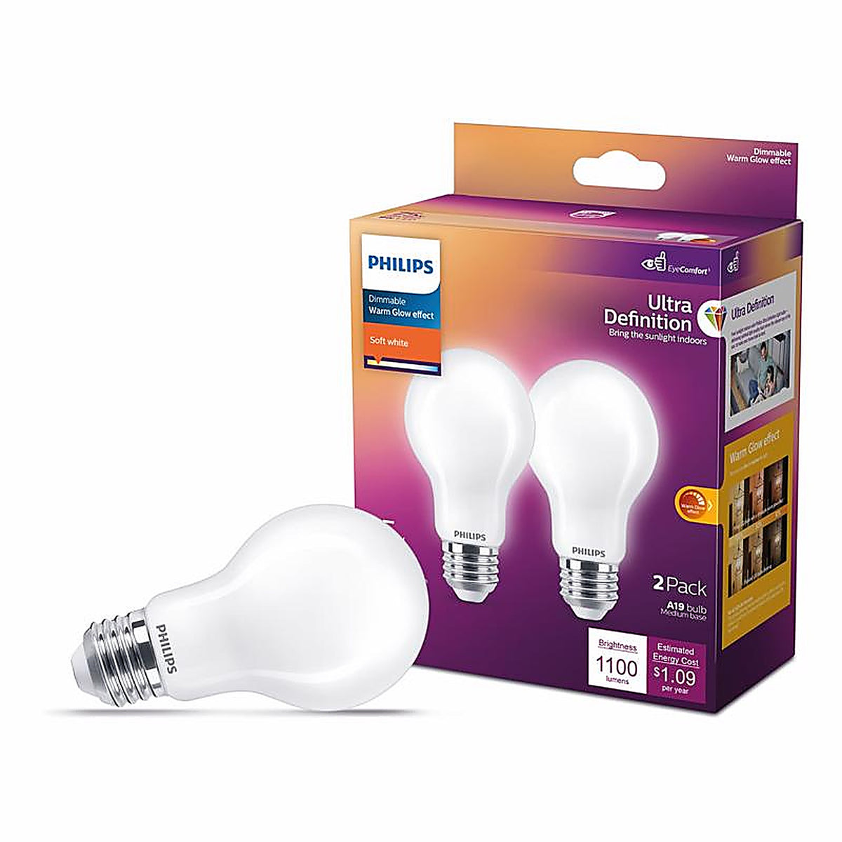 Philips - 586981 - A19 E26 (Medium) Filament LED Bulb Soft White 75 Watt Equivalence 2 Pack