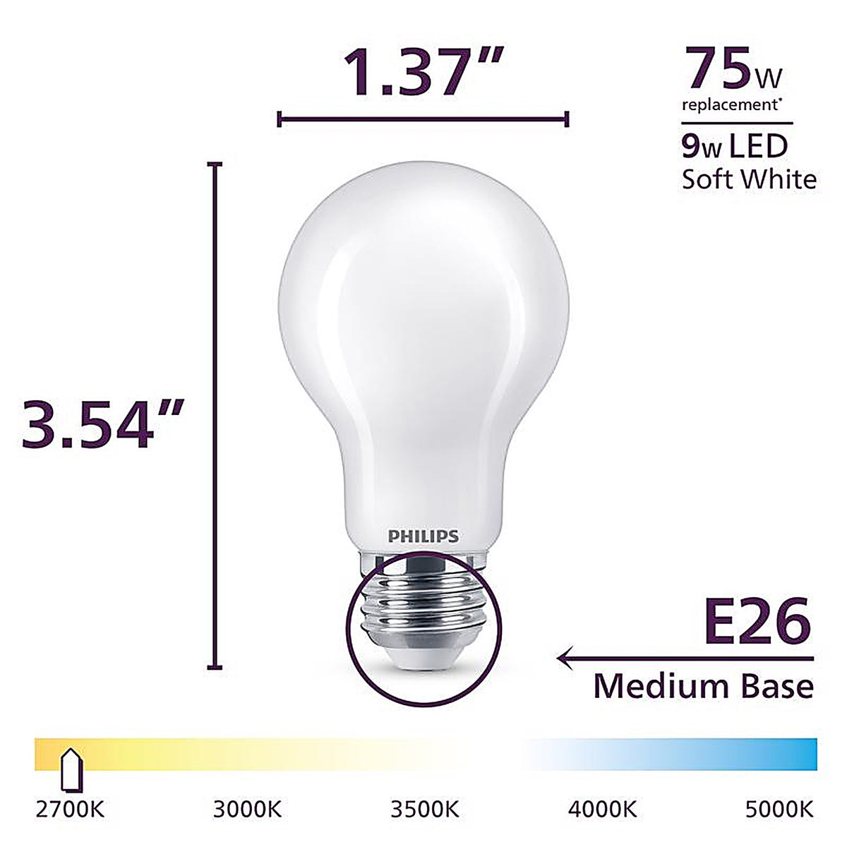 Philips - 586981 - A19 E26 (Medium) Filament LED Bulb Soft White 75 Watt Equivalence 2 Pack