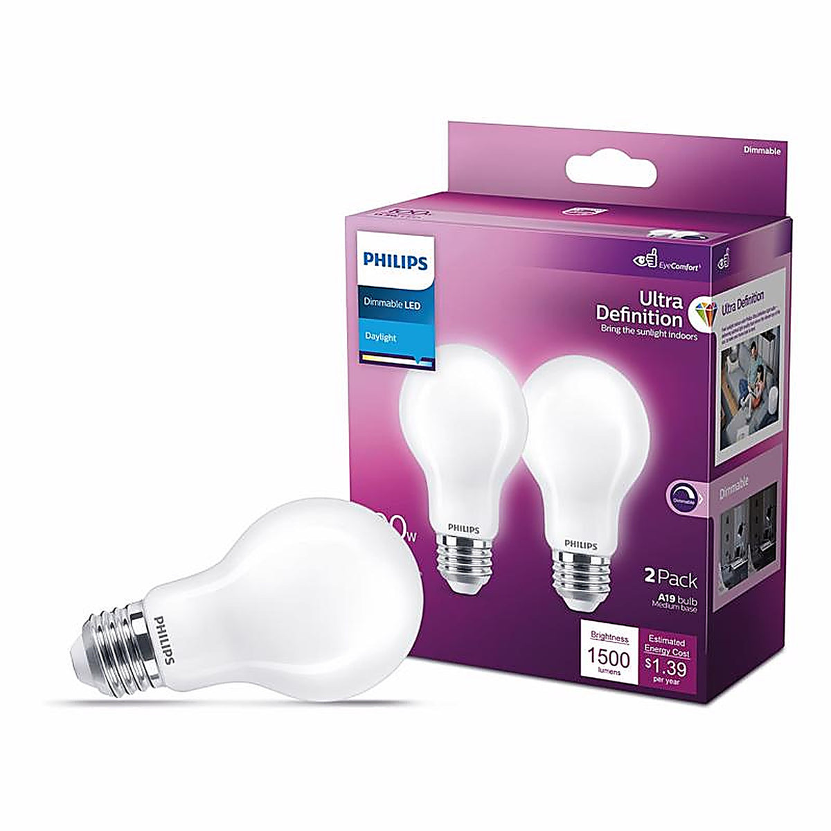 Philips - 587014 - A19 E26 (Medium) Filament LED Bulb Daylight 100 Watt Equivalence 2 Pack