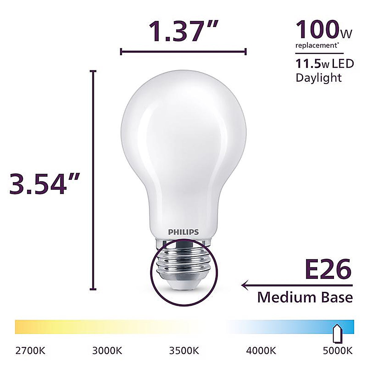 Philips - 587014 - A19 E26 (Medium) Filament LED Bulb Daylight 100 Watt Equivalence 2 Pack