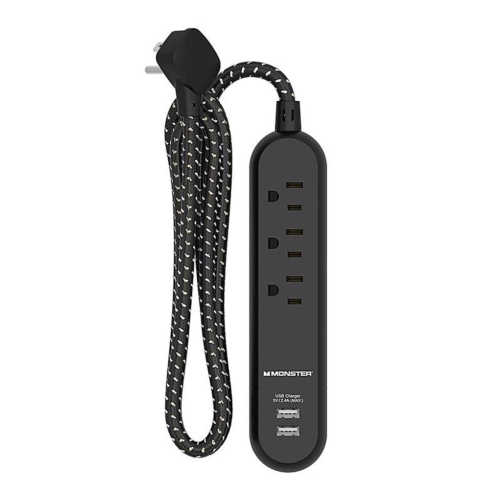 Monster - 1713 - 4 Ft. L 3 Outlets Power Strip with USB Ports Black