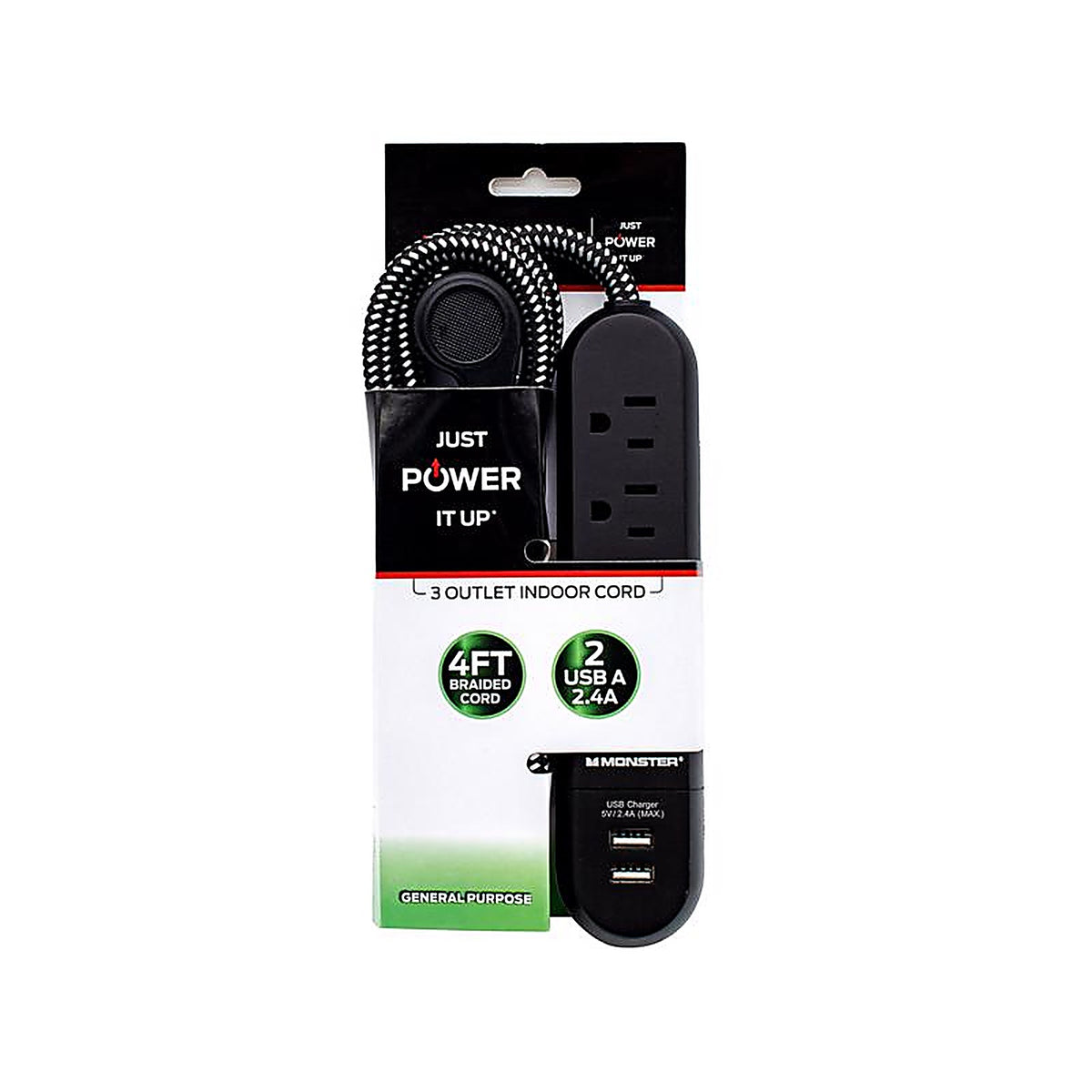 Monster - 1713 - 4 Ft. L 3 Outlets Power Strip with USB Ports Black