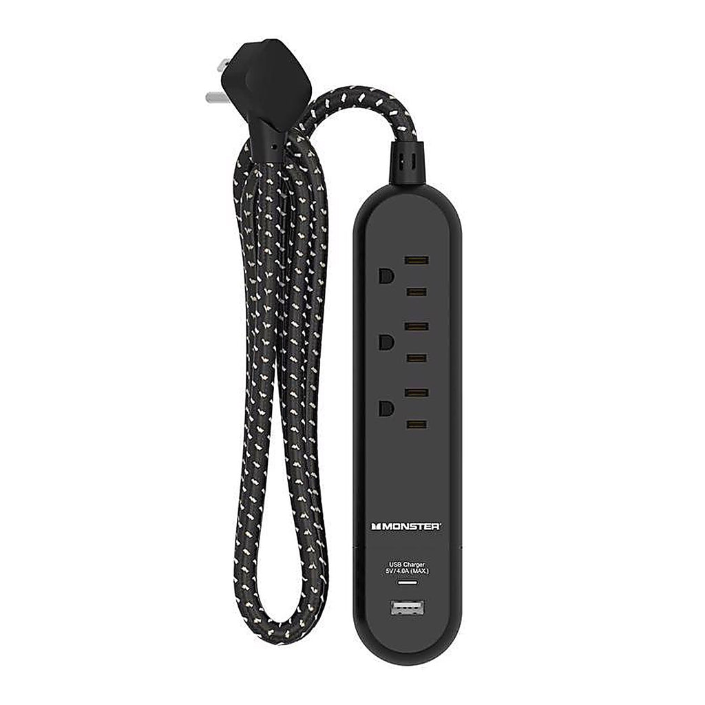 Monster - 1716 - 4 Ft. L 3 Outlets Power Strip with USB Ports Black