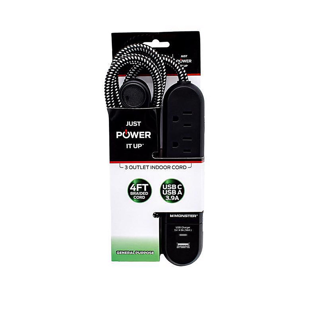 Monster - 1716 - 4 Ft. L 3 Outlets Power Strip with USB Ports Black
