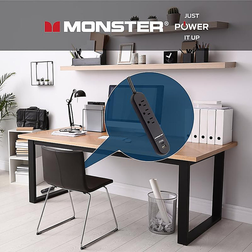 Monster - 1716 - 4 Ft. L 3 Outlets Power Strip with USB Ports Black