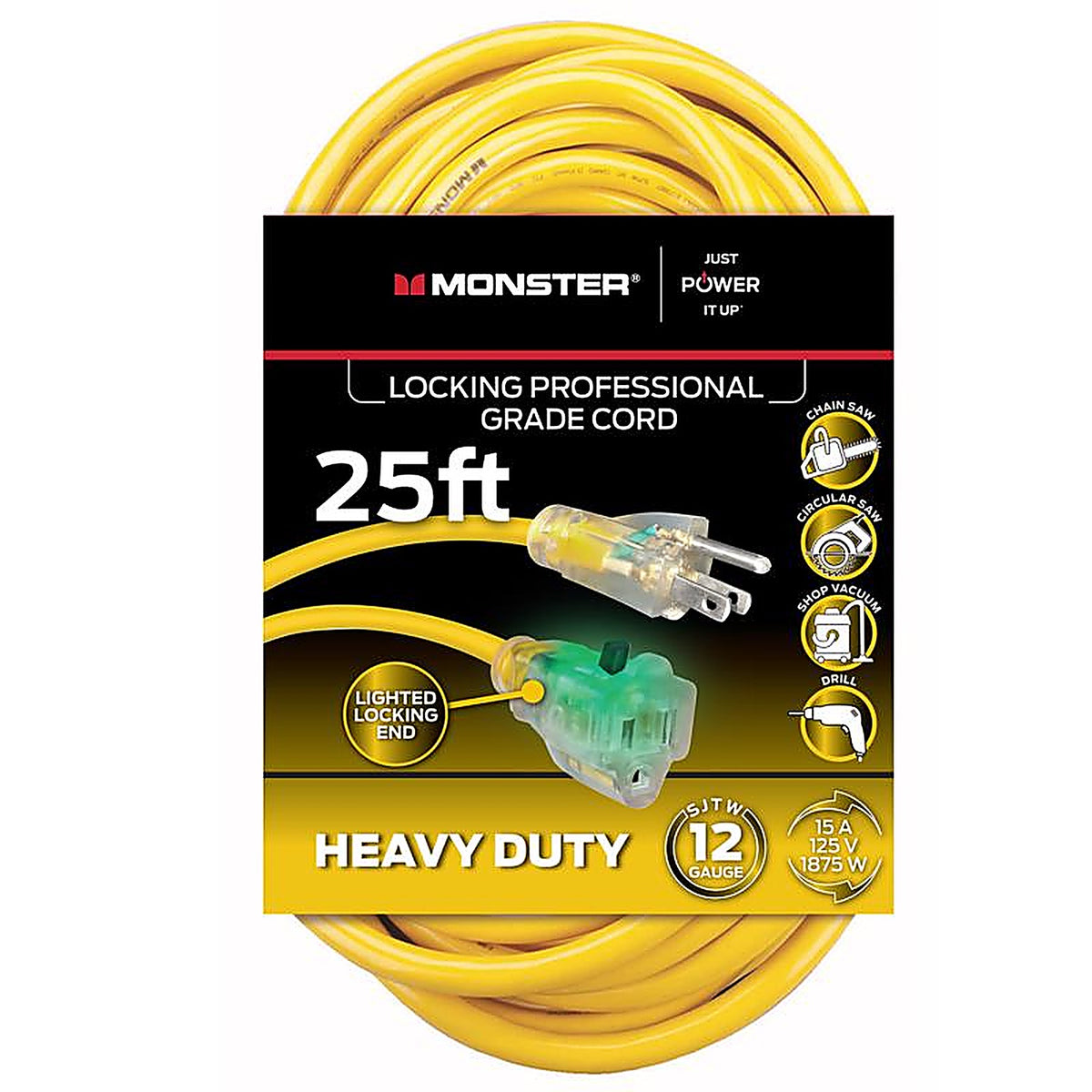 Monster - 1513 - Just Power It Up Outdoor 25 Ft. L Yellow Extension Cord 12/3 Sjtw