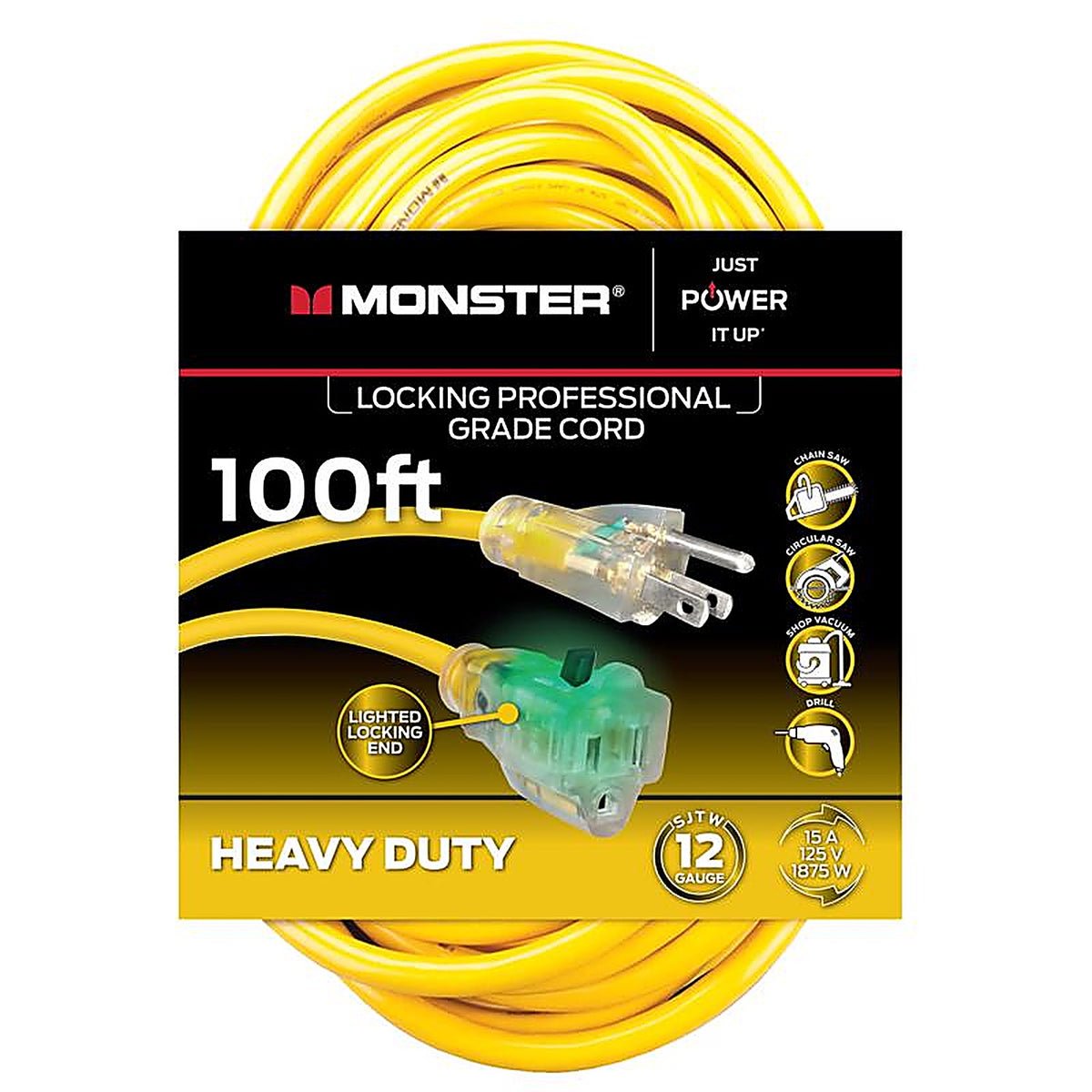 Monster - 1515 - Just Power It Up Outdoor 100 Ft. L Yellow Extension Cord 12/3 Sjtw