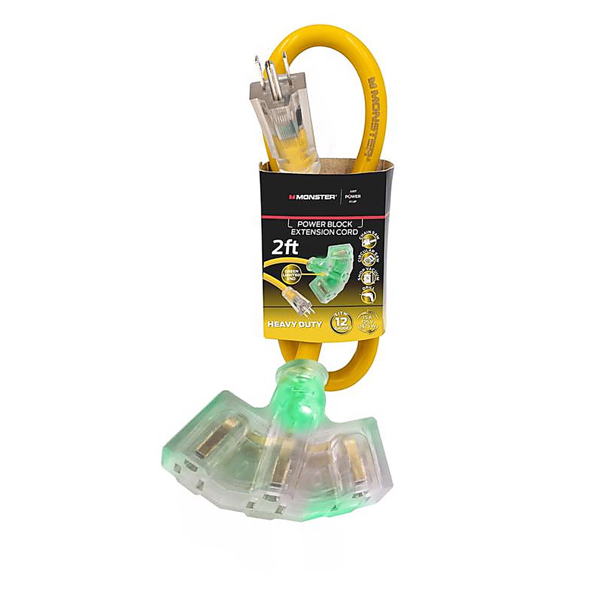 Monster - 1518 - Just Power It Up Outdoor 2 Ft. L Yellow Extension Cord 12/3 Sjtw