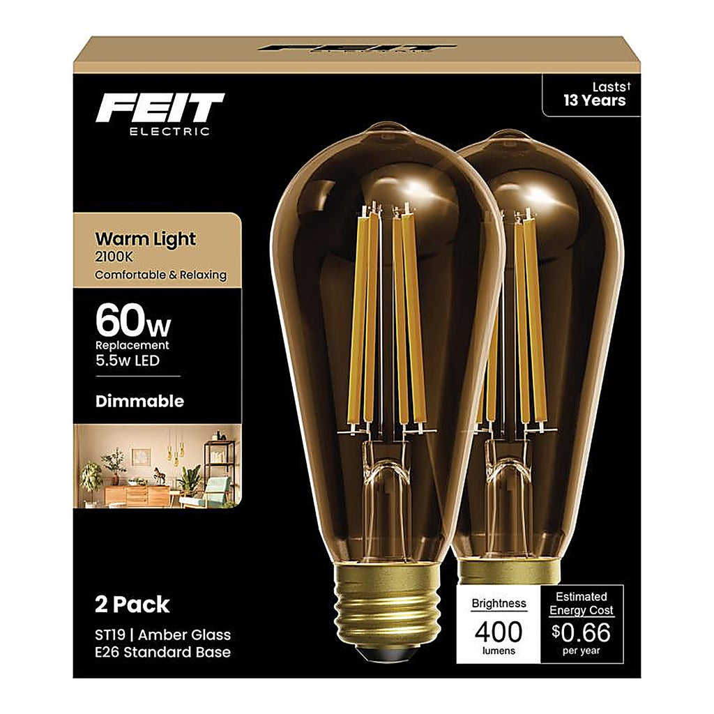 Feit - ST19/VG/LED/2 - St19 E26 (Medium) Filament LED Bulb Warm Amber 60 Watt Equivalence 2 Pack