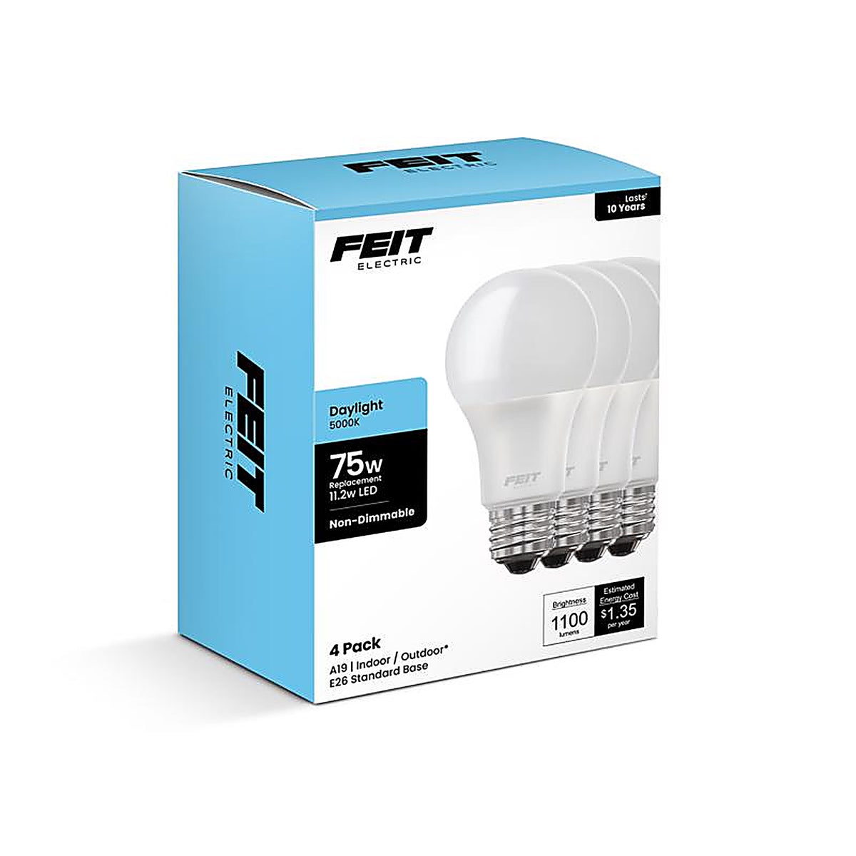 Feit - A110085010KLED4 - A19 E26 (Medium) LED Bulb Daylight 75 Watt Equivalence 4 Pack
