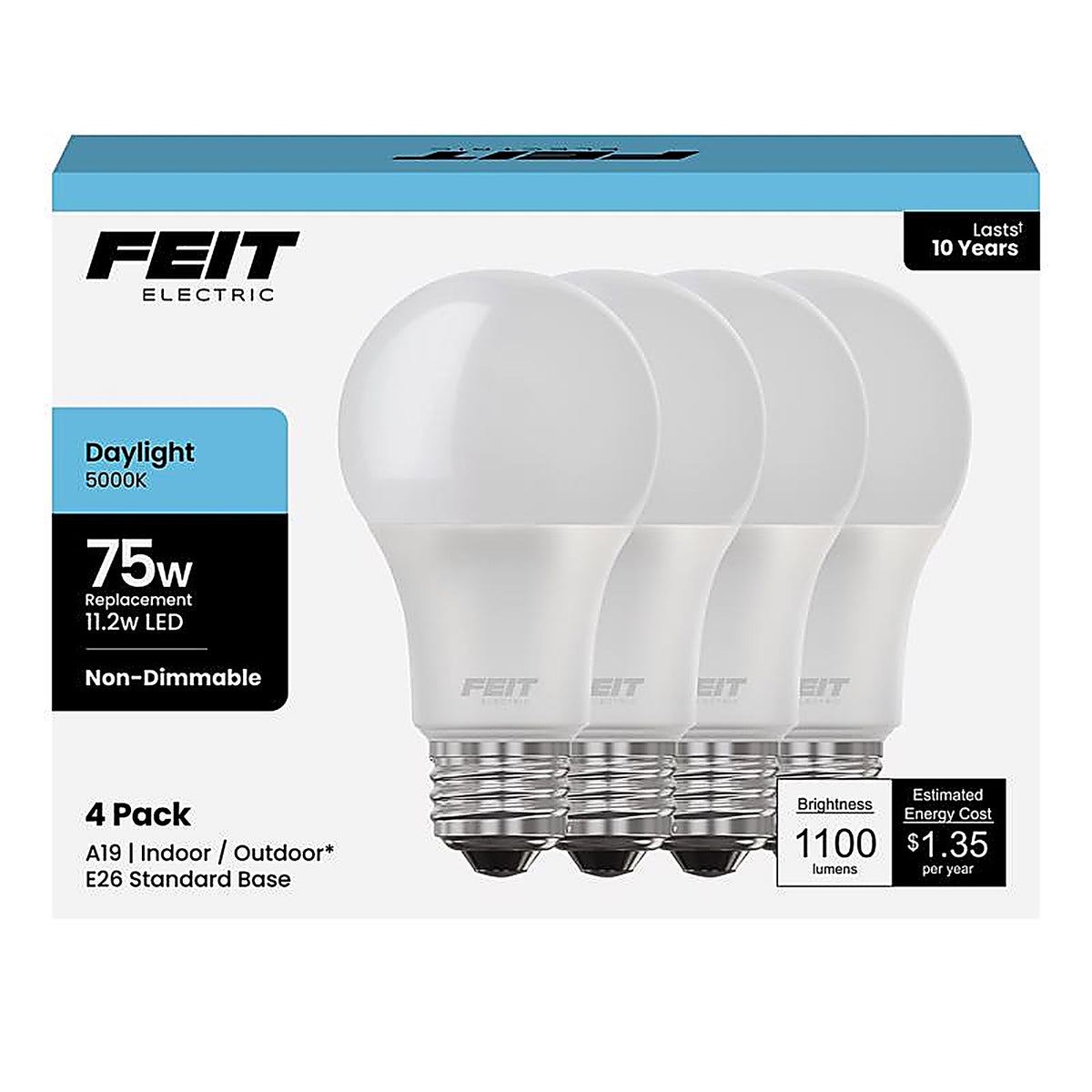 Feit - A110085010KLED4 - A19 E26 (Medium) LED Bulb Daylight 75 Watt Equivalence 4 Pack