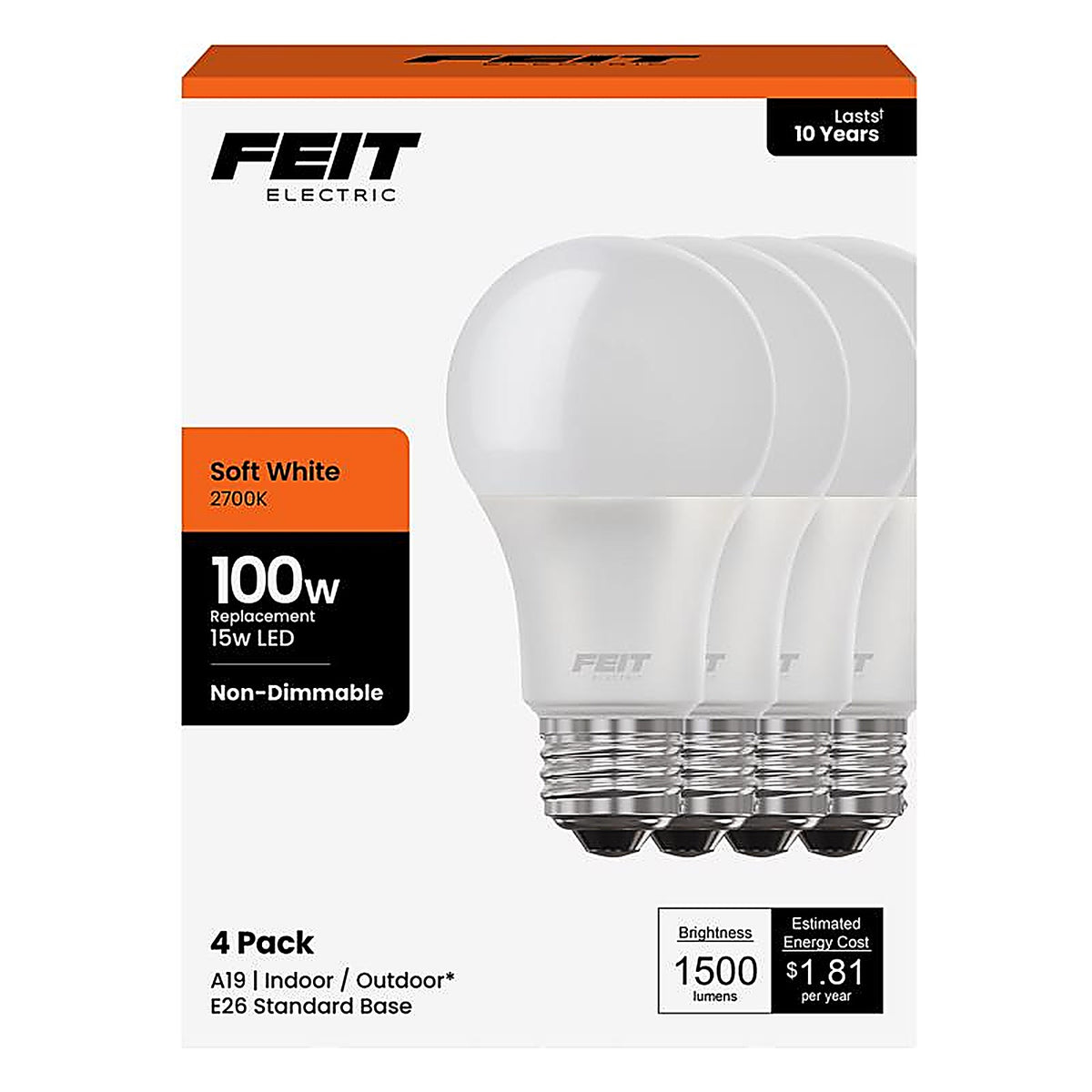Feit - A160082710KLED4 - A19 E26 (Medium) LED Bulb Soft White 100 Watt Equivalence 4 Pack