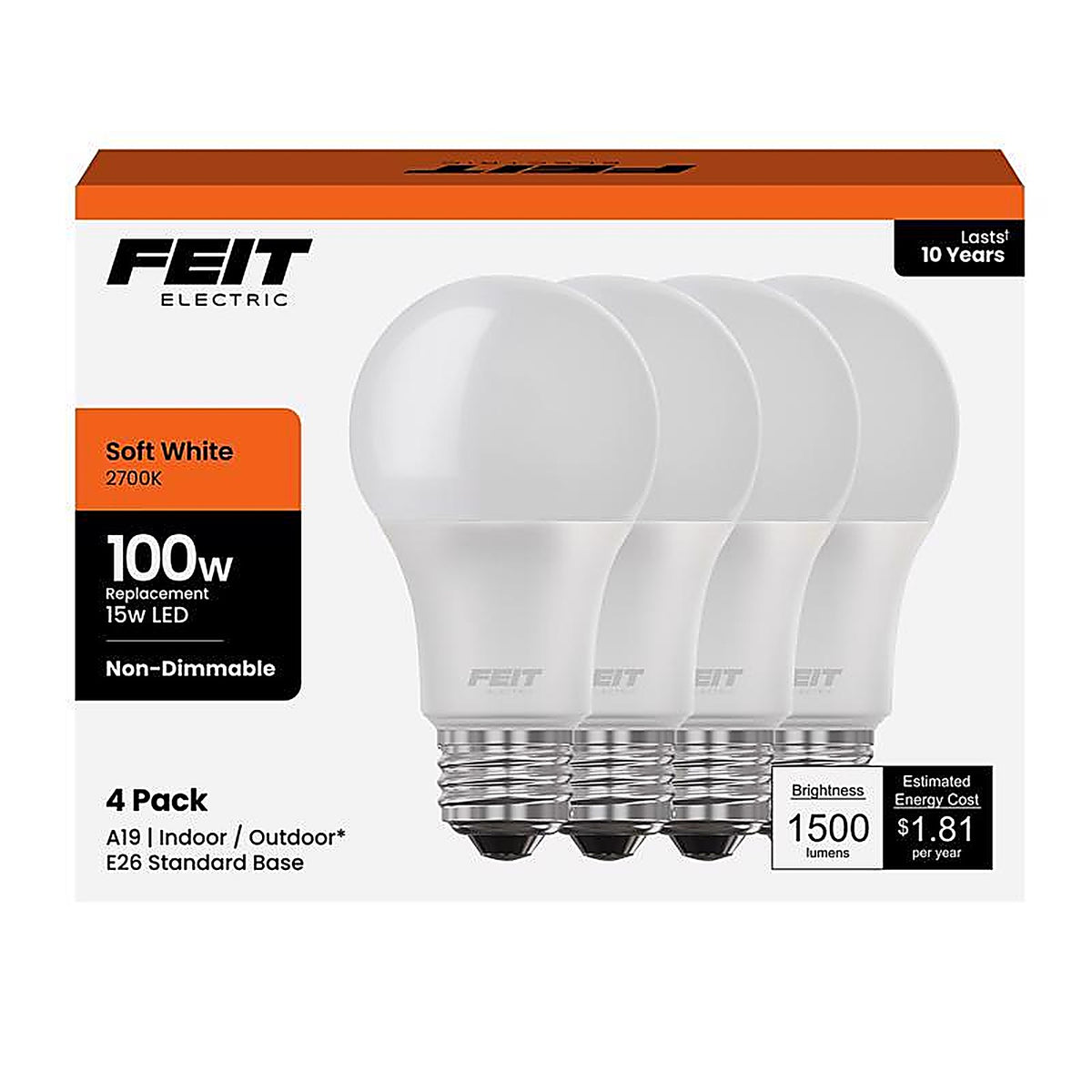 Feit - A160082710KLED4 - A19 E26 (Medium) LED Bulb Soft White 100 Watt Equivalence 4 Pack