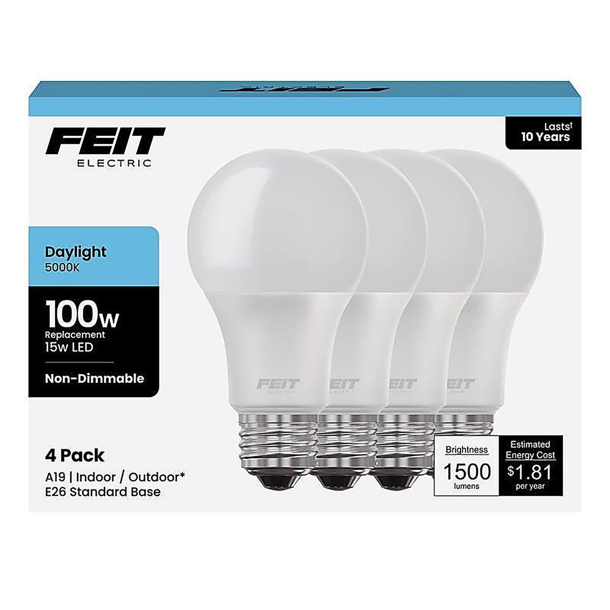 Feit - A160085010KLED4 - A19 E26 (Medium) LED Bulb Daylight 100 Watt Equivalence 4 Pack