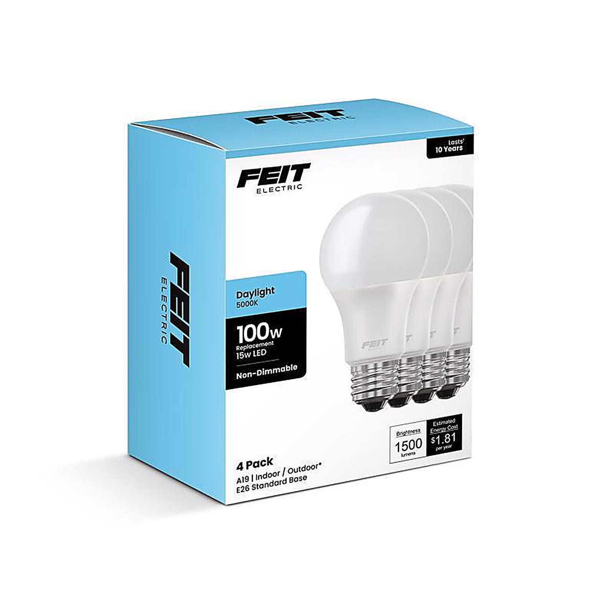 Feit - A160085010KLED4 - A19 E26 (Medium) LED Bulb Daylight 100 Watt Equivalence 4 Pack