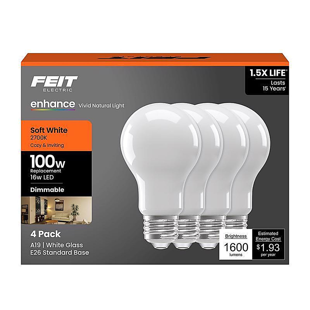 Feit - A100/927FIL/4GB - A19 E26 (Medium) LED Bulb Soft White 100 Watt Equivalence 4 Pack