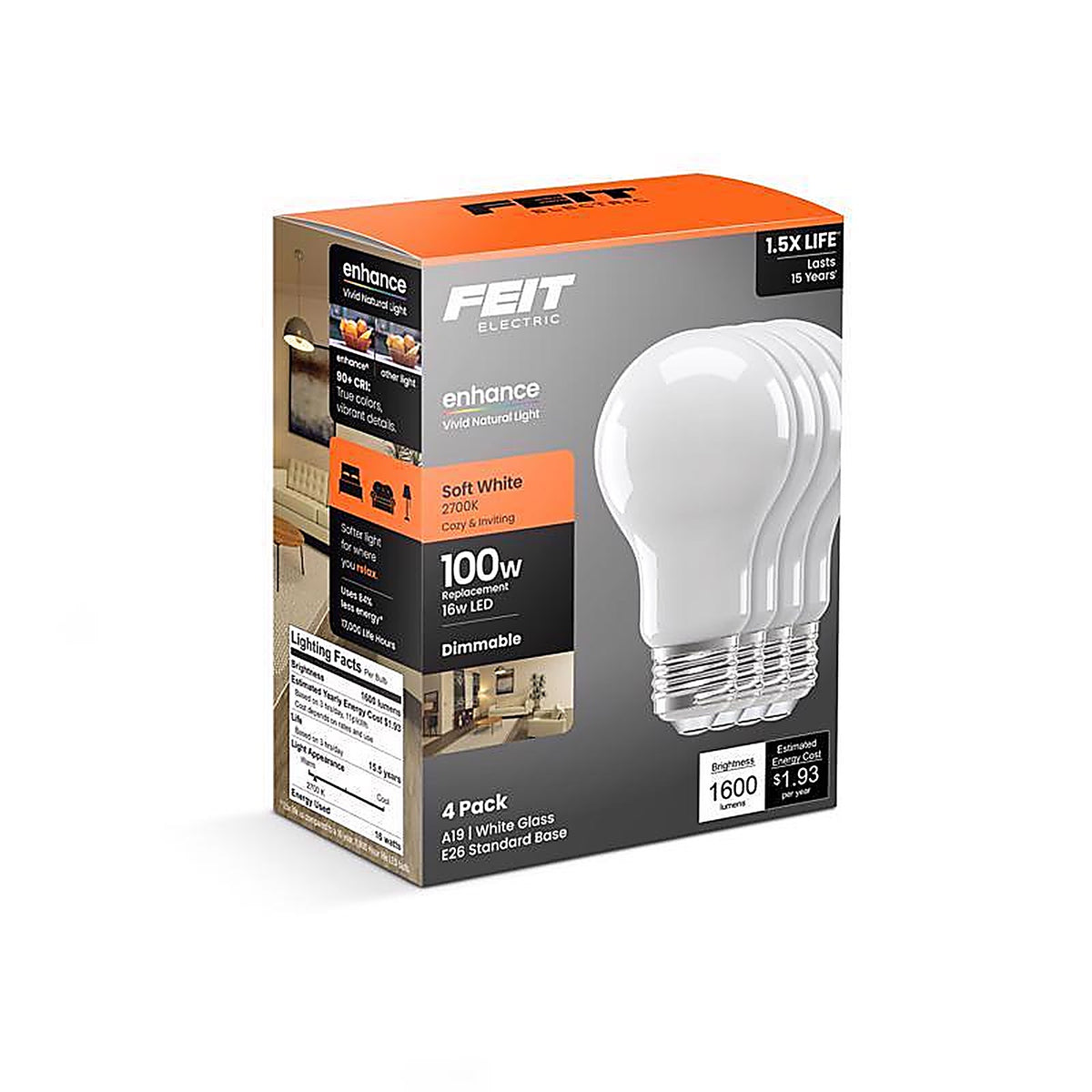 Feit - A100/927FIL/4GB - A19 E26 (Medium) LED Bulb Soft White 100 Watt Equivalence 4 Pack