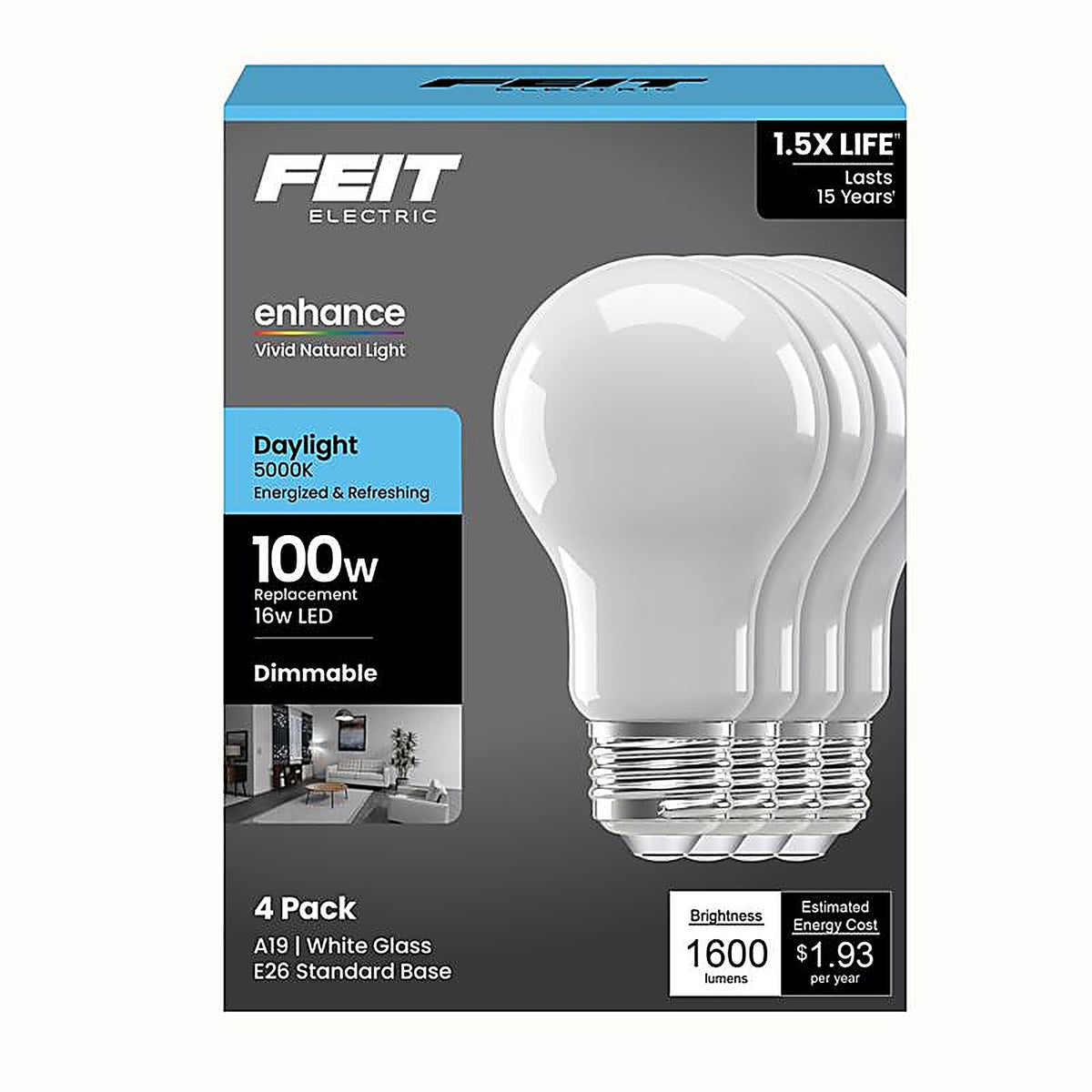 Feit - A100/950FIL/4GB - A19 E26 (Medium) LED Bulb Daylight 100 Watt Equivalence 4 Pack