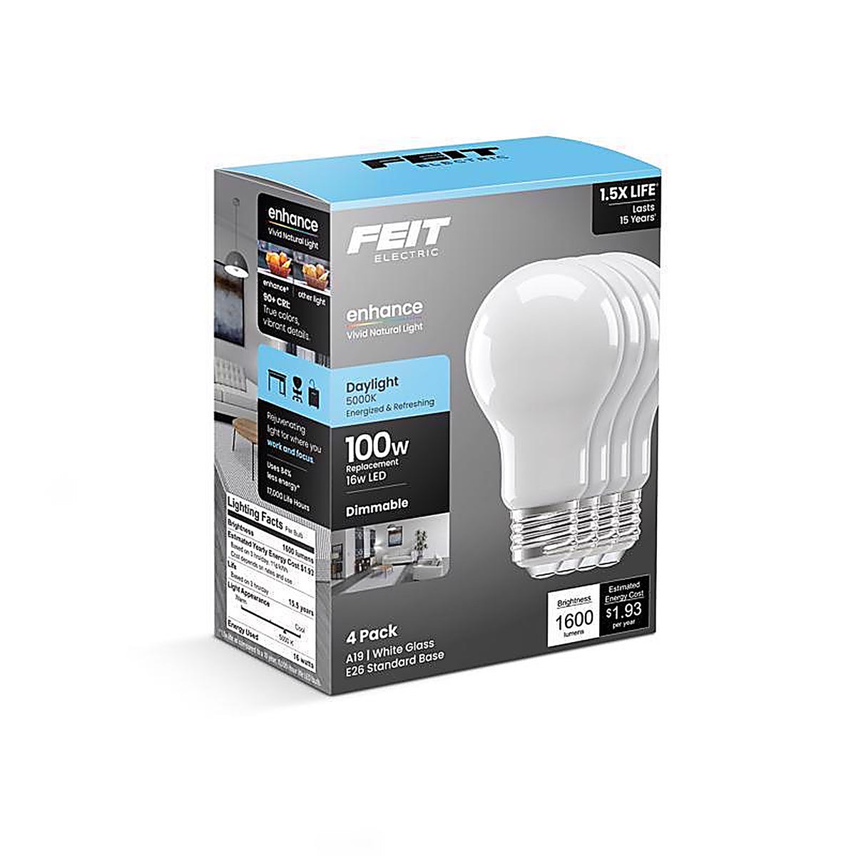 Feit - A100/950FIL/4GB - A19 E26 (Medium) LED Bulb Daylight 100 Watt Equivalence 4 Pack