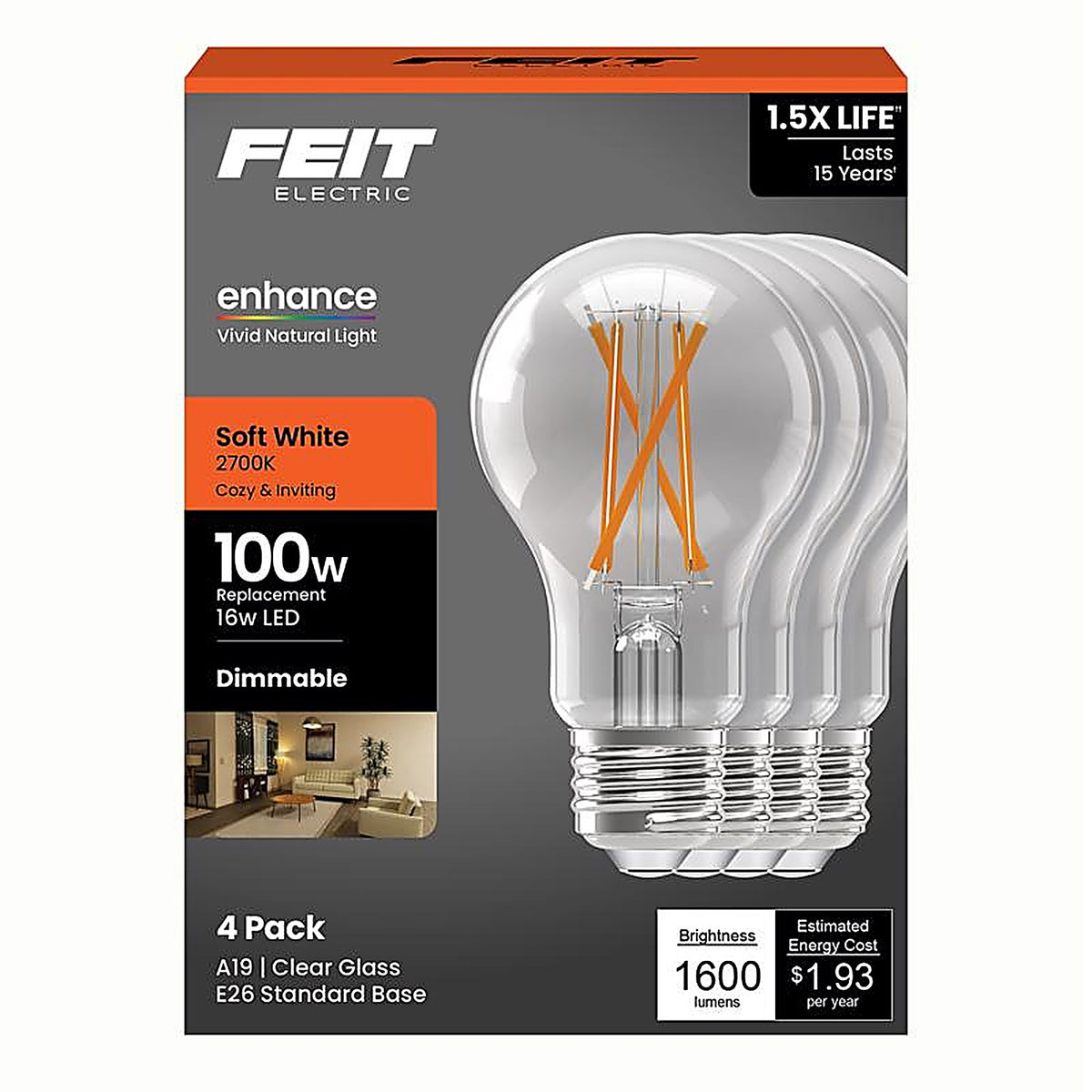 Feit - A100CL927FIL4GB - A19 E26 (Medium) Filament LED Bulb Soft White 100 Watt Equivalence 4 Pack